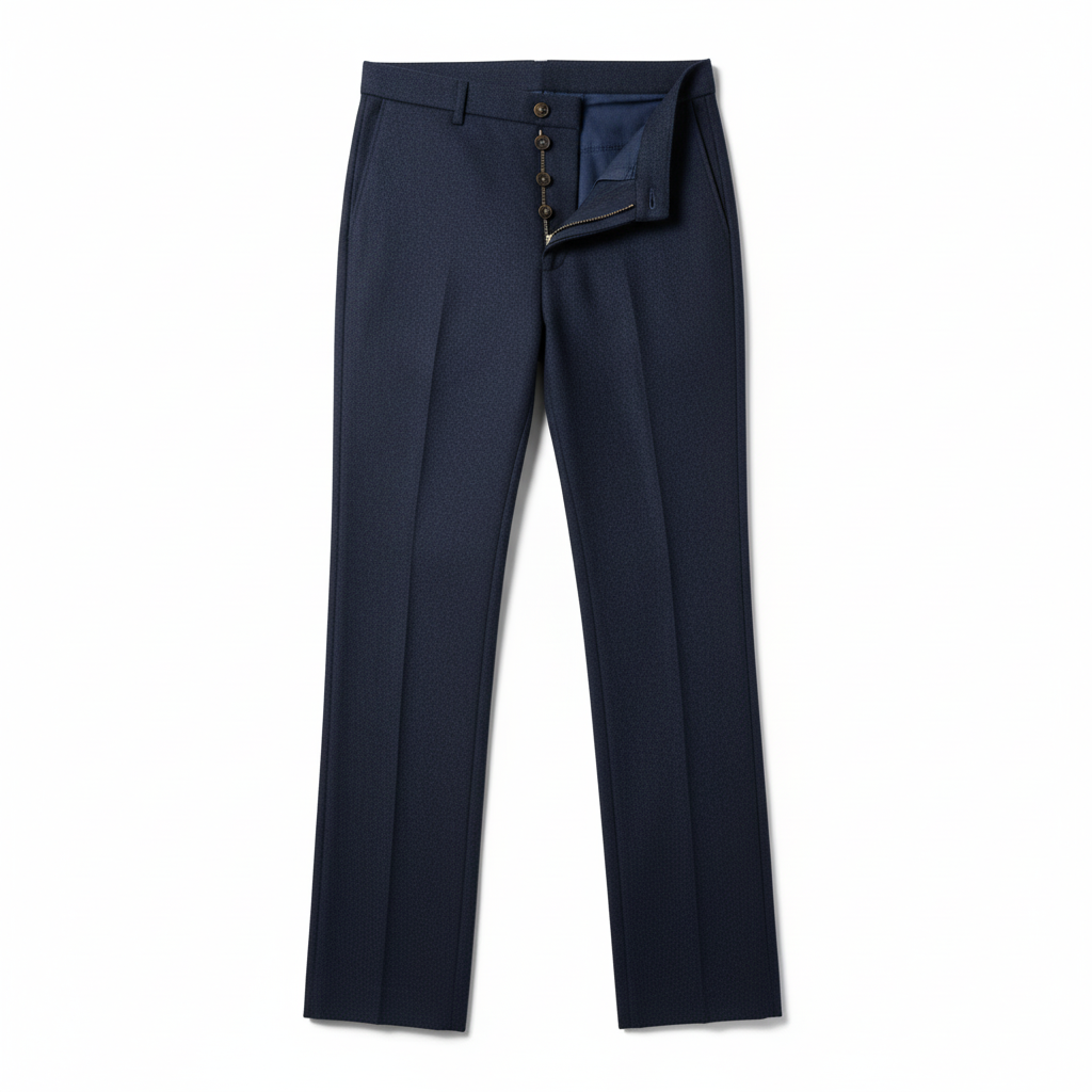 Pantalon de Costume Homme Bleu Marine Fonce Laine Mélangée Texturée Coupe Élégante & Plis Marqués